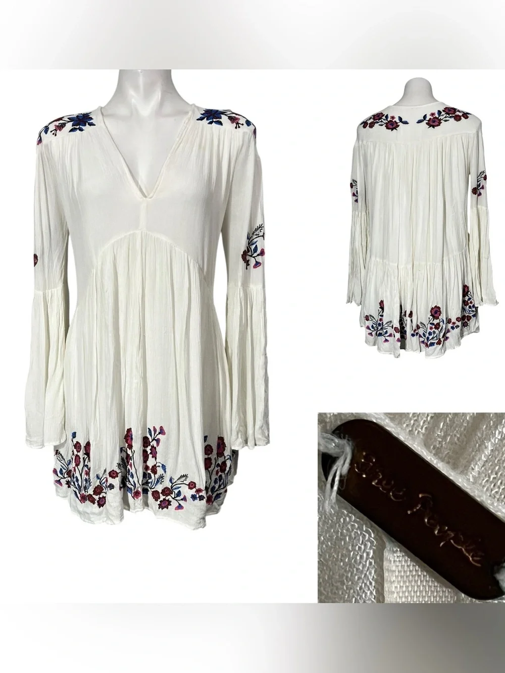 Free People Cream Peasant Tunic with Blue & Pink Floral Embroidery